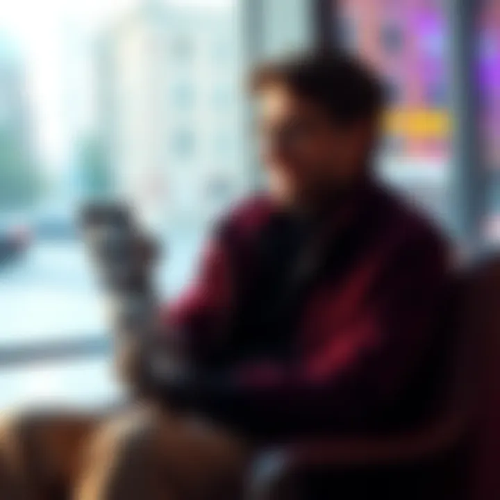 A person sitting alone, smiling while chatting with a friendly-looking robot on a smartphone