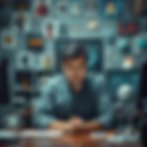 A person sitting at a desk with a concerned expression, surrounded by images of robots and AI-related items, representing worries about artificial intelligence