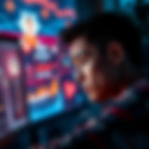 Individual looking at a computer screen with a thoughtful expression, surrounded by digital interfaces and character AI graphics, symbolizing feelings of inadequacy and societal pressure.