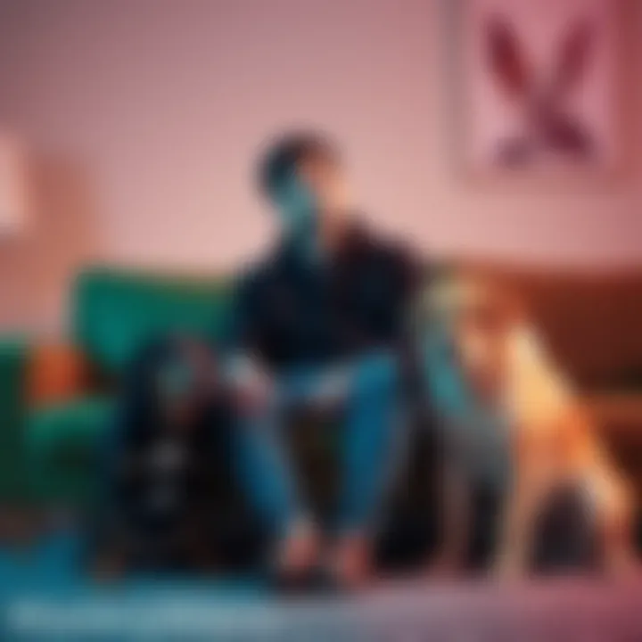 Individual sitting on a couch, looking pensive with two dogs beside them, symbolizing a moment of reflection on mental health and companionship.