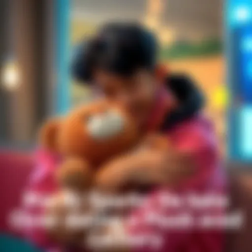 Individual holds a plush toy close, showing a joyful expression, symbolizing unconventional affection.