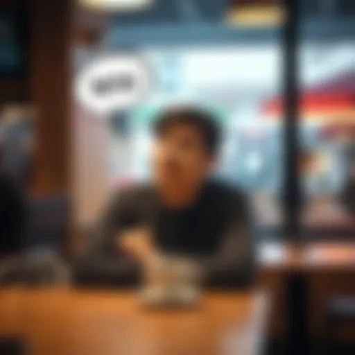 A person looks puzzled while thinking about the phrase 'What is this honey?'. They are sitting at a cafe, with a coffee cup in front of them.