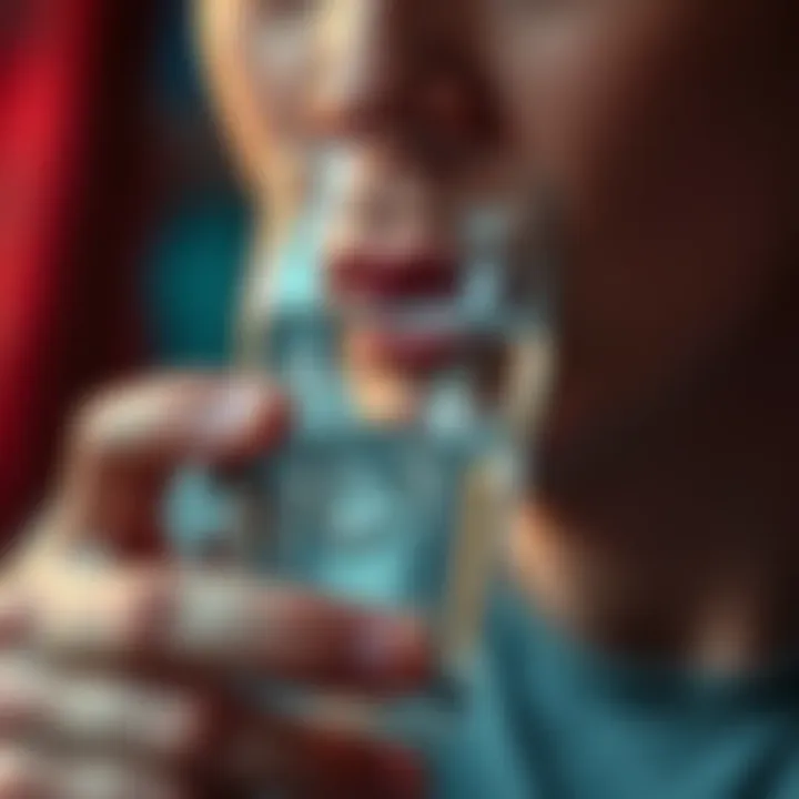 A person holds a clear glass of water to their lips, demonstrating the act of drinking and the importance of hydration.