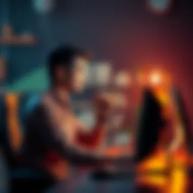A person sitting at a desk, looking at a computer screen with a thoughtful expression, showing contrasting feelings of shame and acceptance about AI technology.
