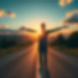 A person stands at a crossroads, smiling as they open their arms to the wind, symbolizing acceptance of unexpected changes.