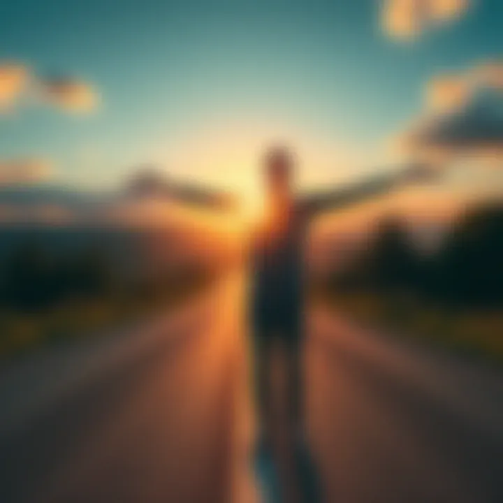 A person stands at a crossroads, smiling as they open their arms to the wind, symbolizing acceptance of unexpected changes.
