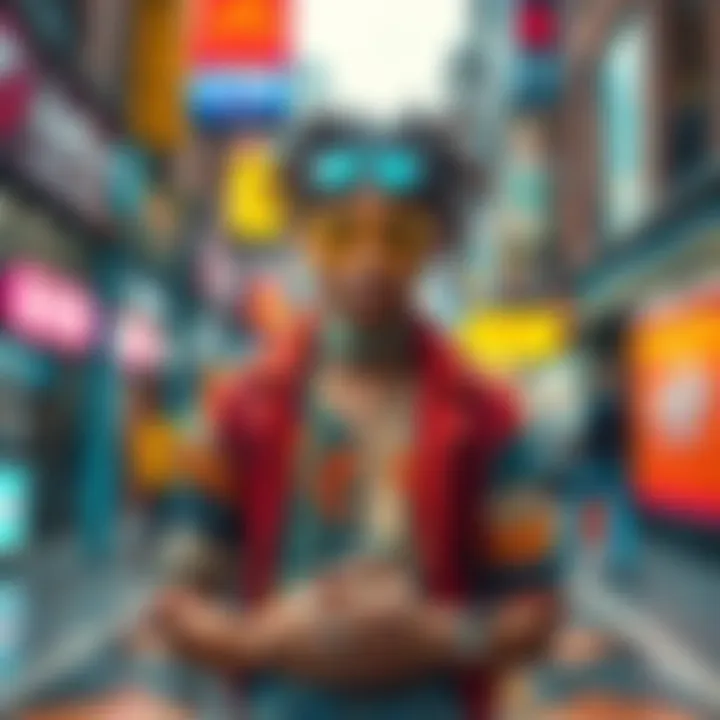 A person with colorful clothing and unique accessories stands confidently, showcasing their individuality in a vibrant urban setting.