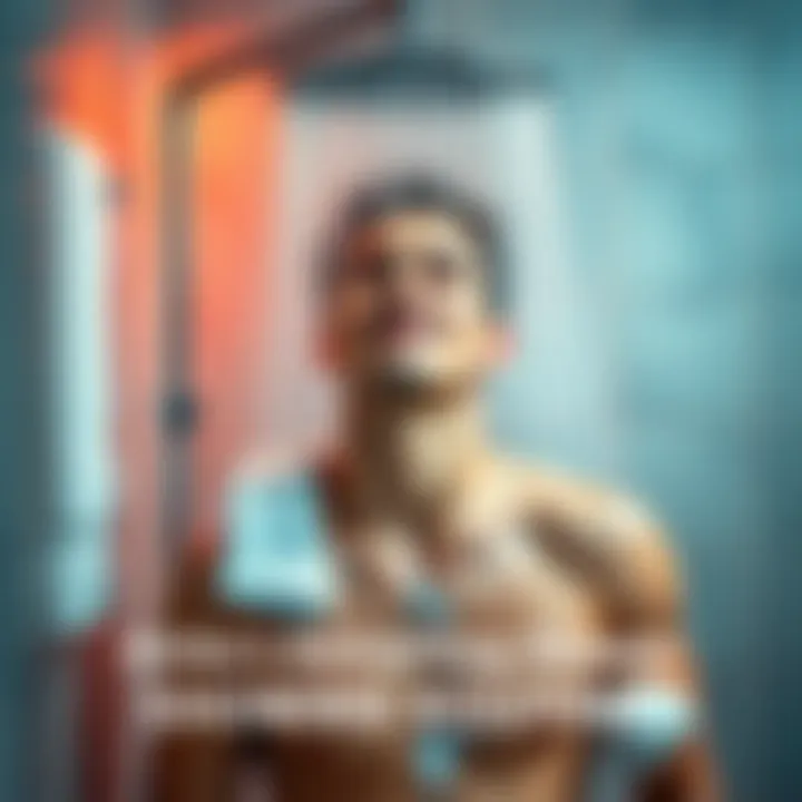 A person stands under a shower with water cascading down, looking relaxed and fresh, surrounded by soap and towels.