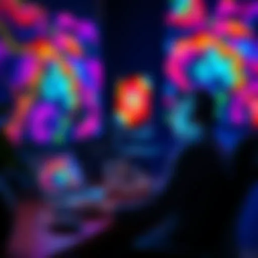 A person sits at a desk, testing various AI art programs on a laptop, surrounded by colorful digital art on the screen.