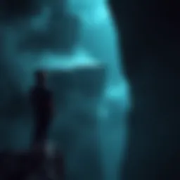 A person standing at the edge of a cliff, looking into a dark abyss with a thoughtful expression