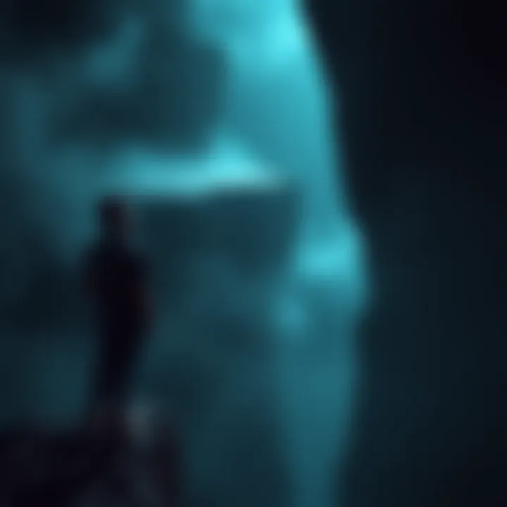 A person standing at the edge of a cliff, looking into a dark abyss with a thoughtful expression