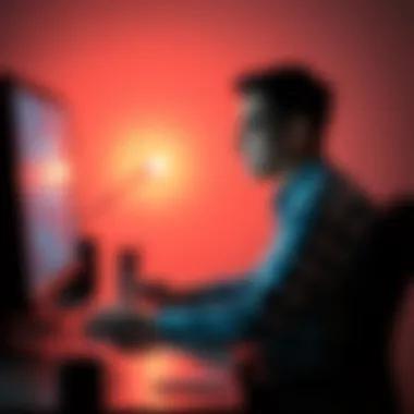 A person sitting at a desk, engaging with an AI program on their computer, showcasing a thoughtful expression while typing