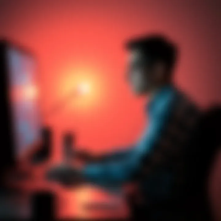 A person sitting at a desk, engaging with an AI program on their computer, showcasing a thoughtful expression while typing