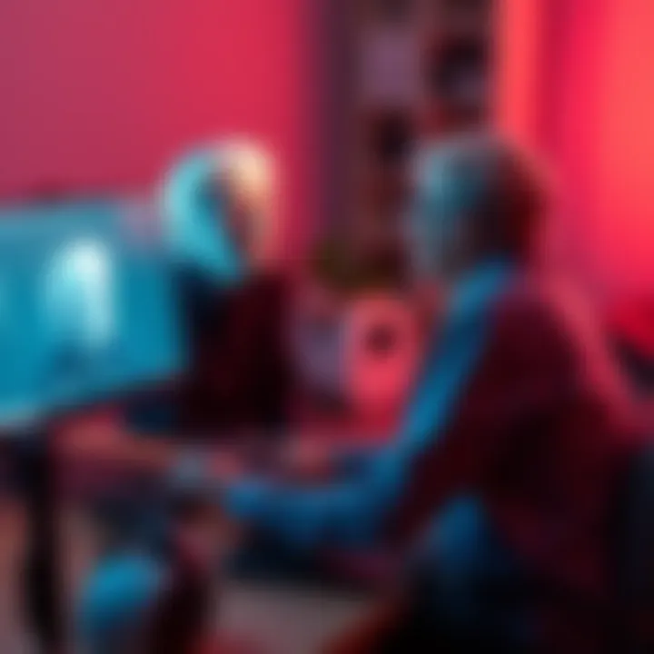 Person interacting with a digital version of their grandma A person sits in front of a computer, engaging in a conversation with a lifelike digital representation of an elderly woman, showcasing emotion and connection.