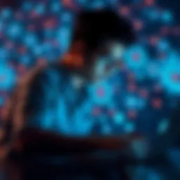 A person focused on their laptop while an abstract representation of AI technology surrounds them, symbolizing the discussion on AI content detection.