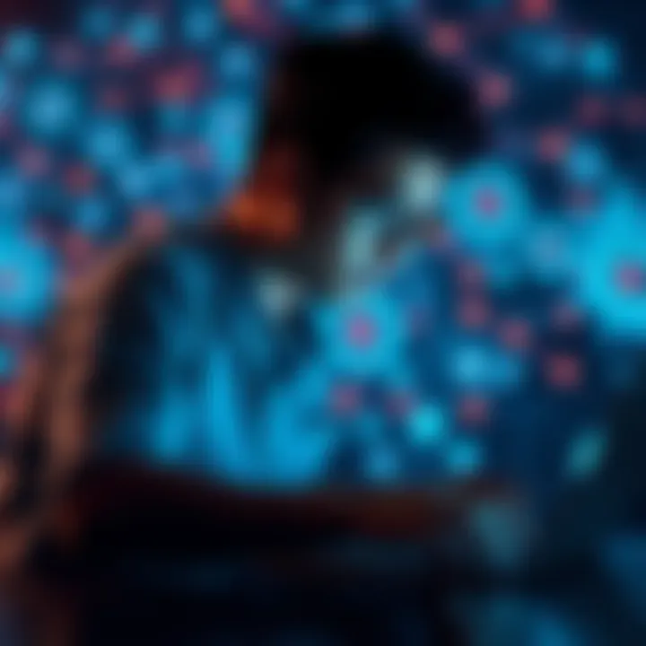 A person focused on their laptop while an abstract representation of AI technology surrounds them, symbolizing the discussion on AI content detection.