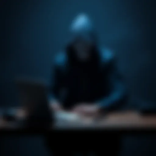 A person sitting at a desk using a laptop, while a shadowy masked figure looms behind, representing anonymity in online discussions about AI.