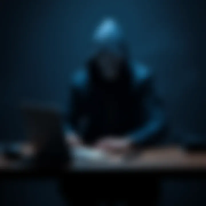 A person sitting at a desk using a laptop, while a shadowy masked figure looms behind, representing anonymity in online discussions about AI.