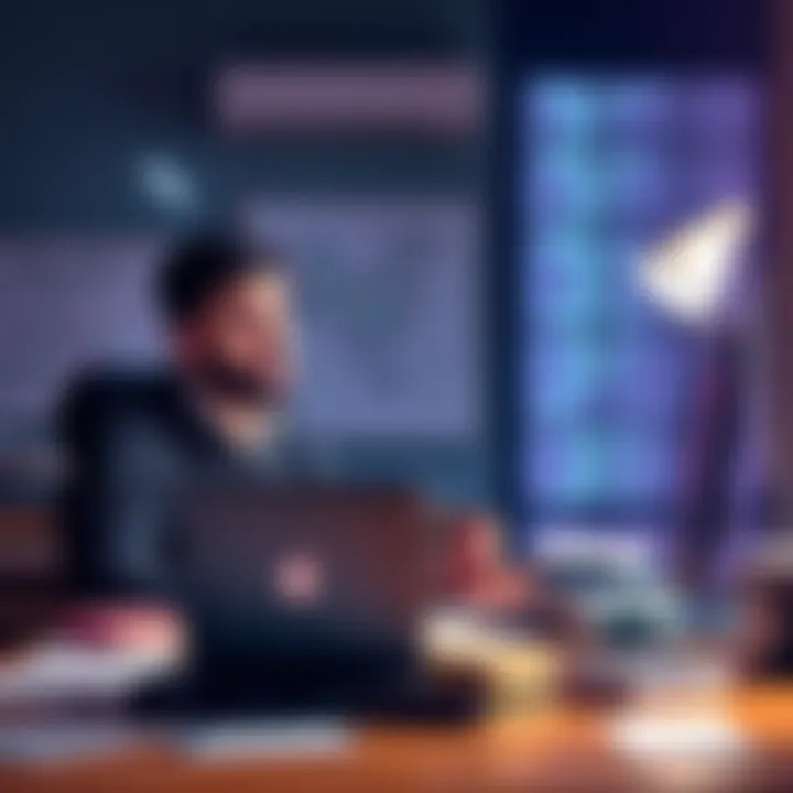 Person learning game development A person sitting at a desk with a laptop, looking confused while learning game development with Unity and C#. They are surrounded by game development books and notes.