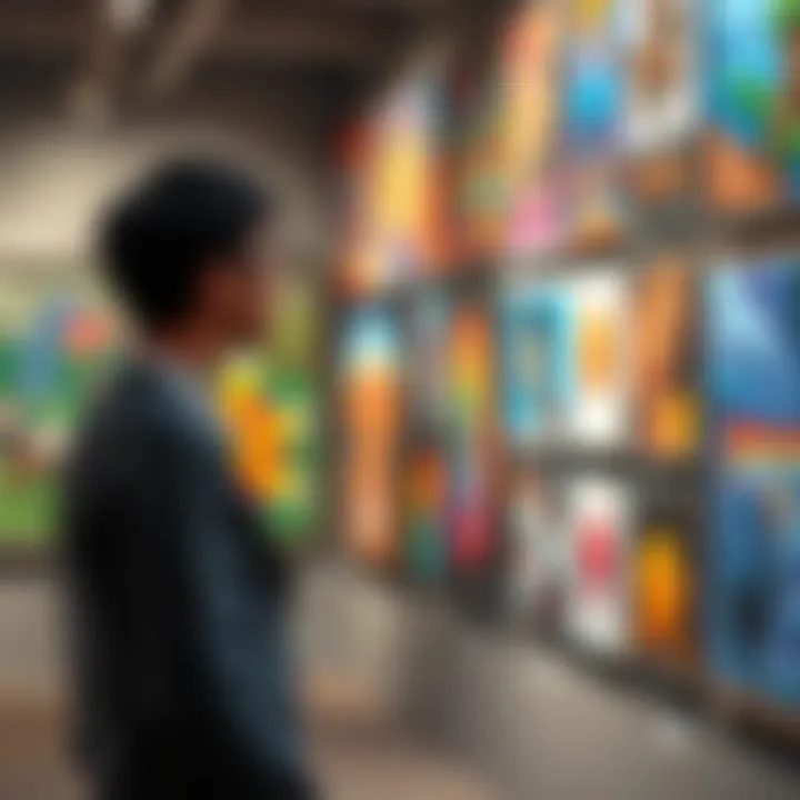 An individual stands in front of a gallery wall filled with colorful AI-generated artworks, showing mixed emotions of curiosity and concern.