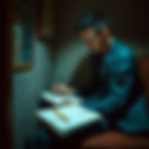 A person sitting alone in a cozy corner, staring at a notebook filled with notes and drawings, showing signs of deep focus and obsession.