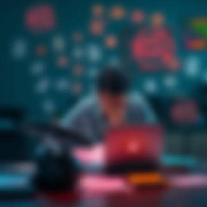 Person feeling overwhelmed by AI prompts A person sitting at a desk with a laptop, looking stressed while surrounded by notes and AI-generated content, showing signs of mental fatigue