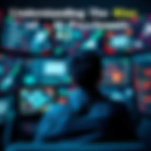 A person sitting in front of multiple screens showing AI-related content, looking stressed and confused, representing the concept of AI psychosis.