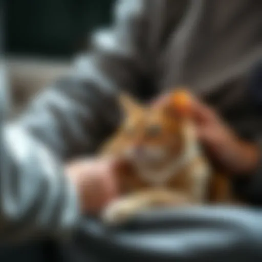 A person gently petting a relaxed cat on their lap, creating a calm atmosphere