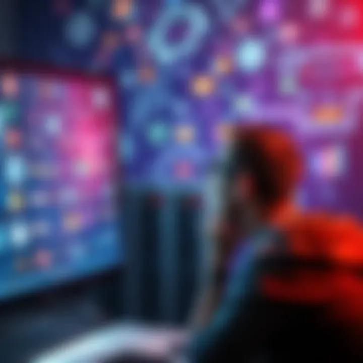A person looking thoughtfully at a computer screen filled with tech icons, reflecting on the impact of new technology