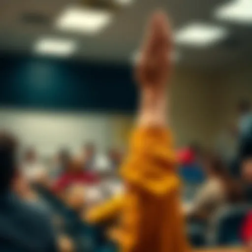 A person confidently raising their hand in a classroom, eager to ask a question.