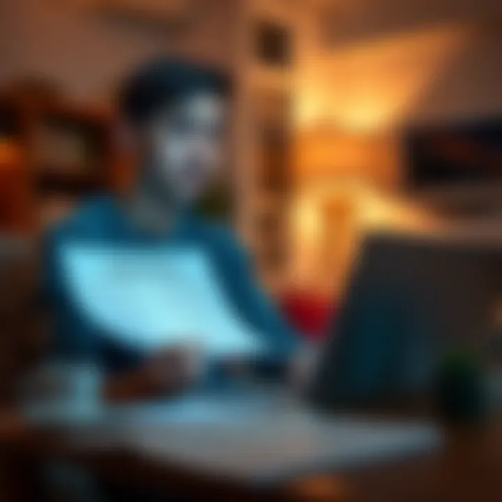 A person looking surprised while reading a set of forum guidelines on a laptop in a cozy room.