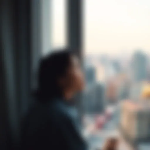 Person Reflecting on Life Choices A person looking thoughtfully out of a window, wondering if life would be better without AI, with a nostalgic view of a city in the background.