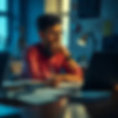 A person sitting at a desk looking thoughtful while surrounded by notebooks and a laptop; they appear to be considering their writing process without AI assistance.