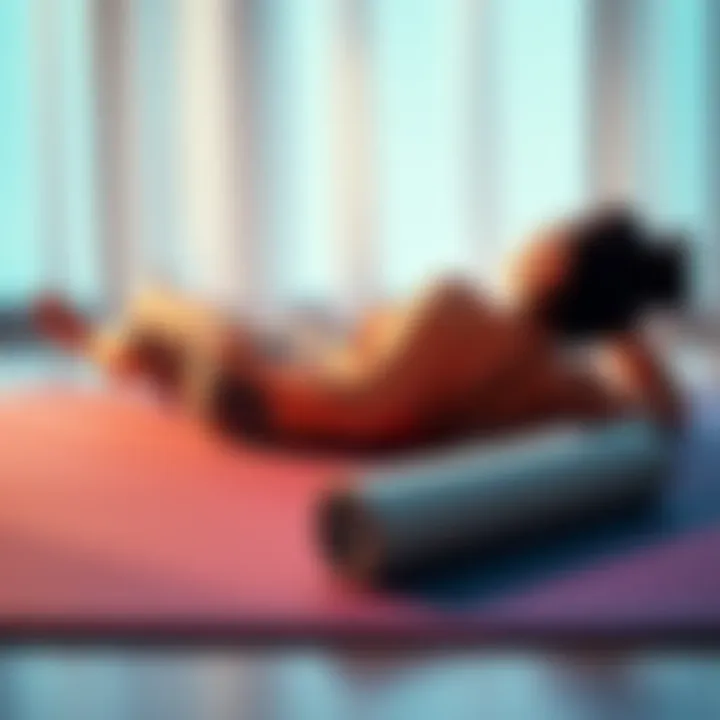 A person lying comfortably on a yoga mat, demonstrating a back pain relief position