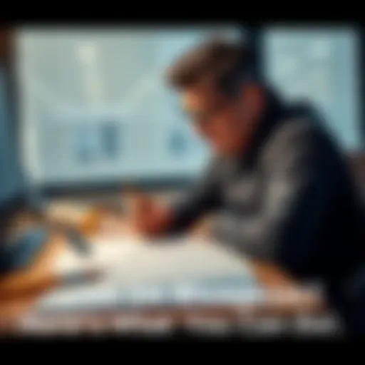 A person sitting at a desk looking over architectural blueprints with a pencil in hand and tools nearby.