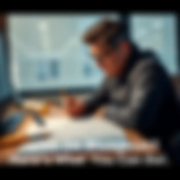 A person sitting at a desk looking over architectural blueprints with a pencil in hand and tools nearby.