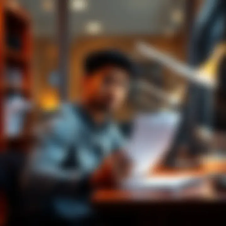 Individual sitting at a desk with a notebook, looking thoughtful while seeking advice to enhance their environment