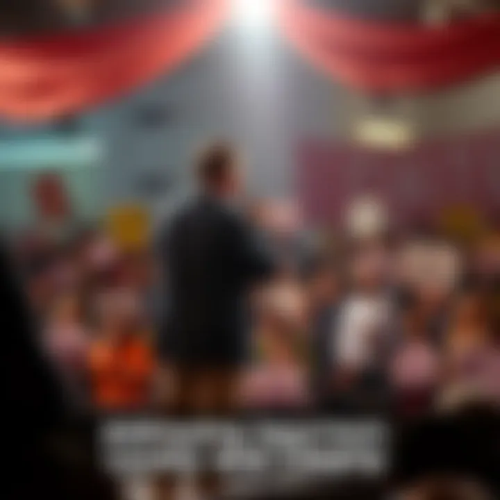 A person stands on a stage with a microphone, passionately addressing a crowd of people holding signs, advocating for important issues.