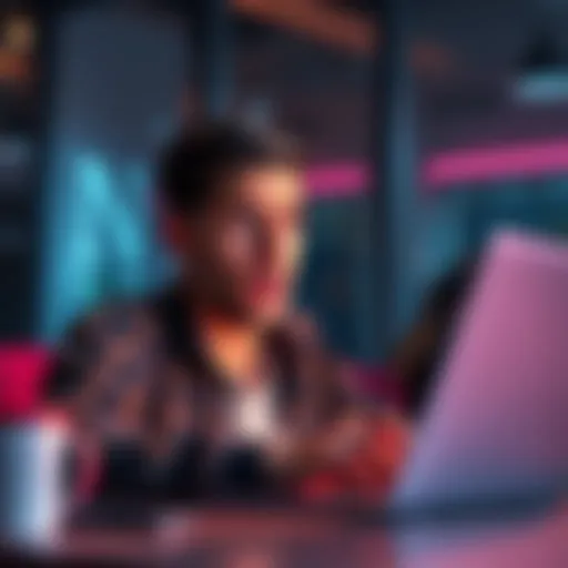 A person looking surprised while browsing a forum on a laptop, noticing an unexpected ad on the screen.