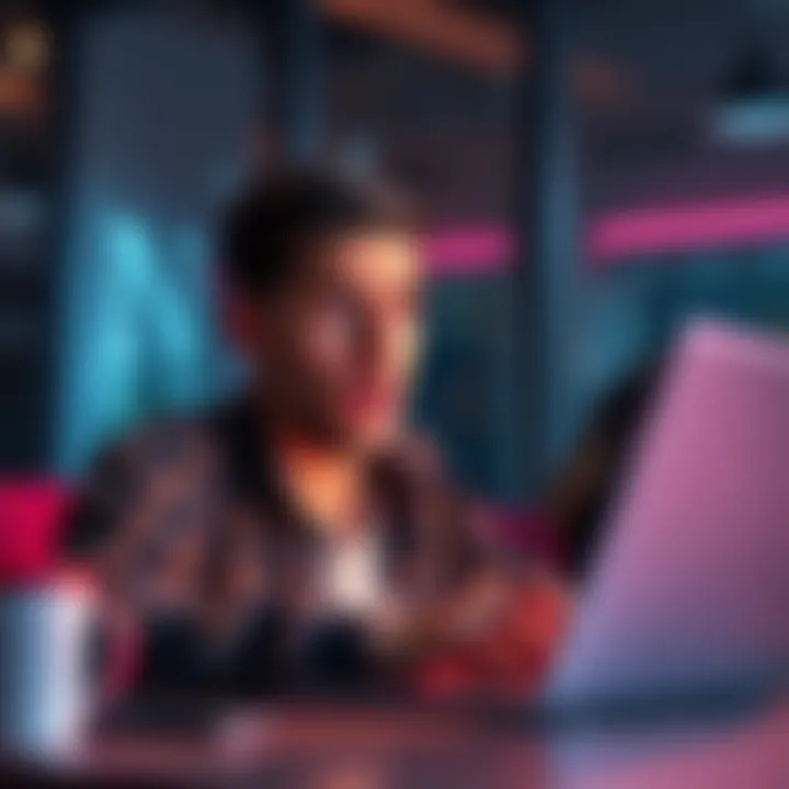 A person looking surprised while browsing a forum on a laptop, noticing an unexpected ad on the screen.