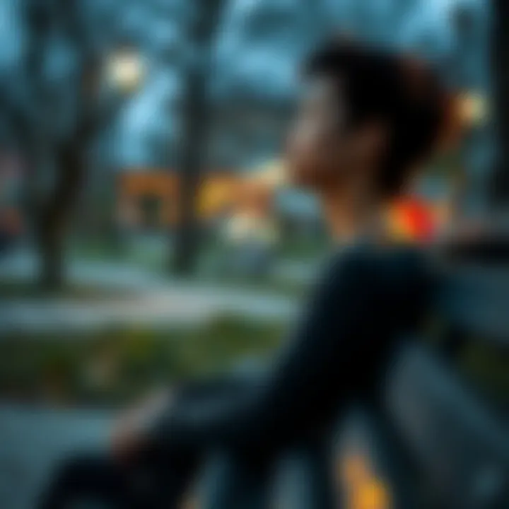 Individual sitting on a park bench with closed eyes, enjoying a peaceful moment and nature around them