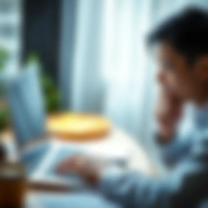 A person focused on a laptop, engaged in an IQ test, with a thoughtful expression, surrounded by notes and a cup of coffee.