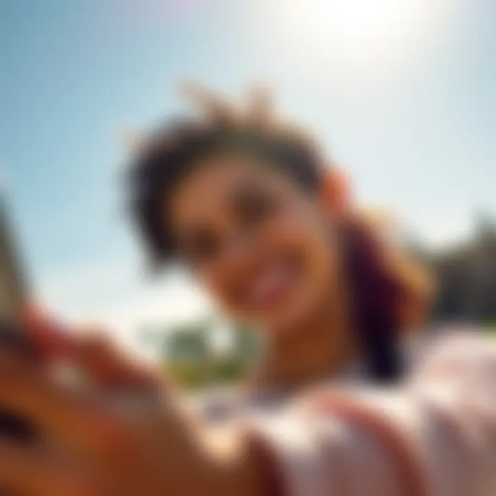 A young adult smiling and taking a selfie with a smartphone in a bright outdoor setting.