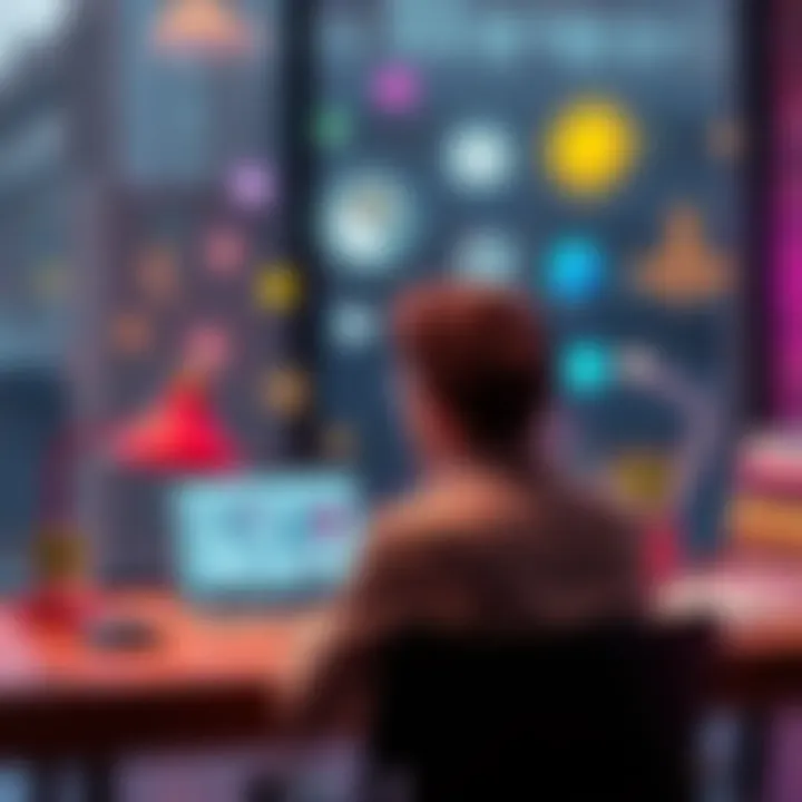 A person sitting at a desk, looking thoughtful with a laptop open and AI icons floating around, representing technology and cognitive impact