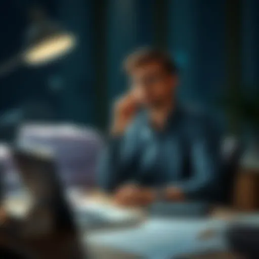 A person sitting at a desk, looking thoughtful with a stack of papers and a laptop open in front of them, considering copyright issues before making queries.