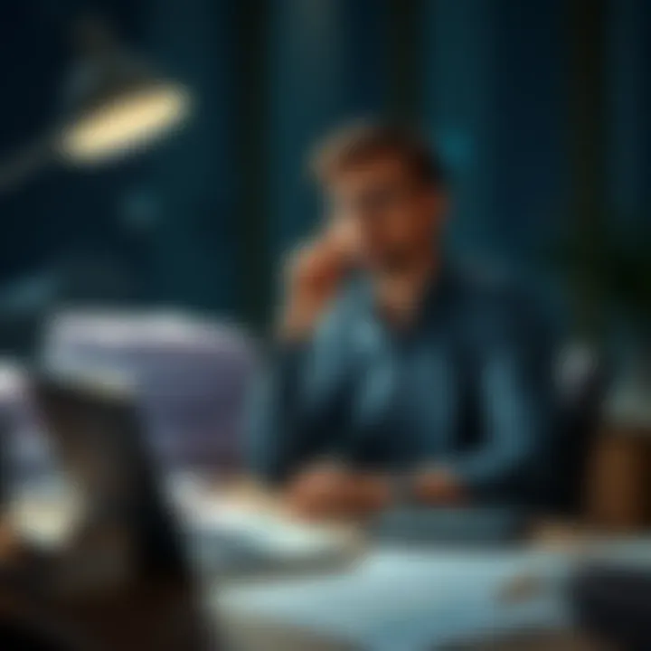 A person sitting at a desk, looking thoughtful with a stack of papers and a laptop open in front of them, considering copyright issues before making queries.