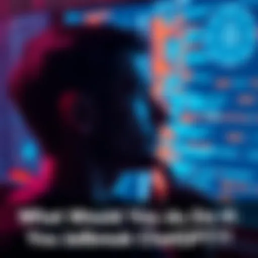 A person looks thoughtfully at a computer screen with AI code and graphics, contemplating the potential of unlocking new features in AI tools like ChatGPT.