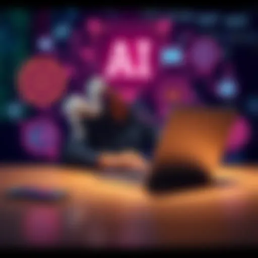 A person sitting at a desk typing on a laptop, surrounded by graphics representing AI technology, highlighting the impact of AI on online communication.