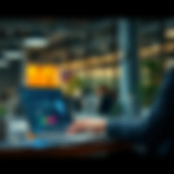 Person using AI tools in the workplace A professional working on a laptop with AI software on the screen, showcasing technology in a modern office setting
