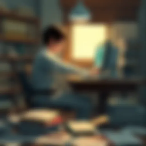 A person sitting at a vintage desk with a computer, engaging with fictional ChatGPT and Sora 2 tools, surrounded by books and papers, showing curiosity and excitement about accessing information.